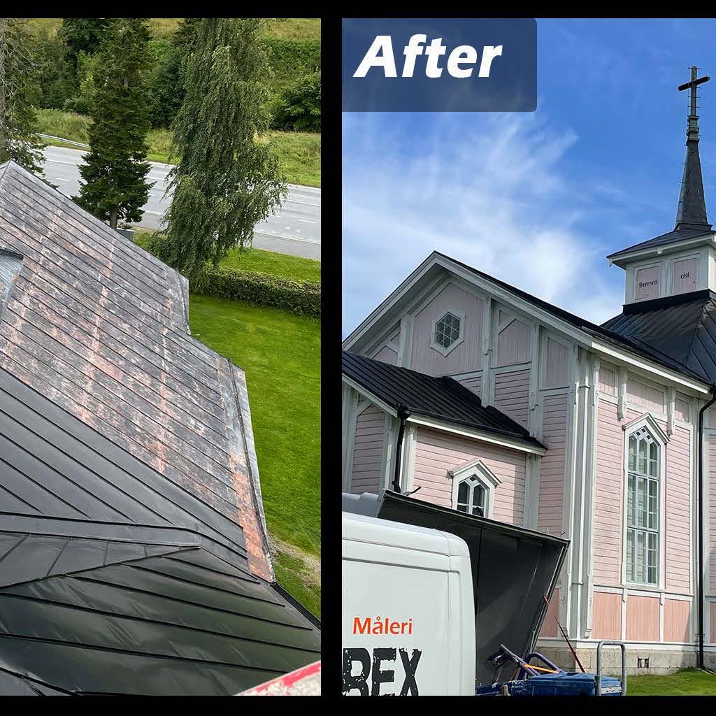 Målning av plåttak. Övermark kyrka